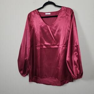 Tracies Womens Maroon Long Sleeve V Neck Pullover Blouse Top Size Large